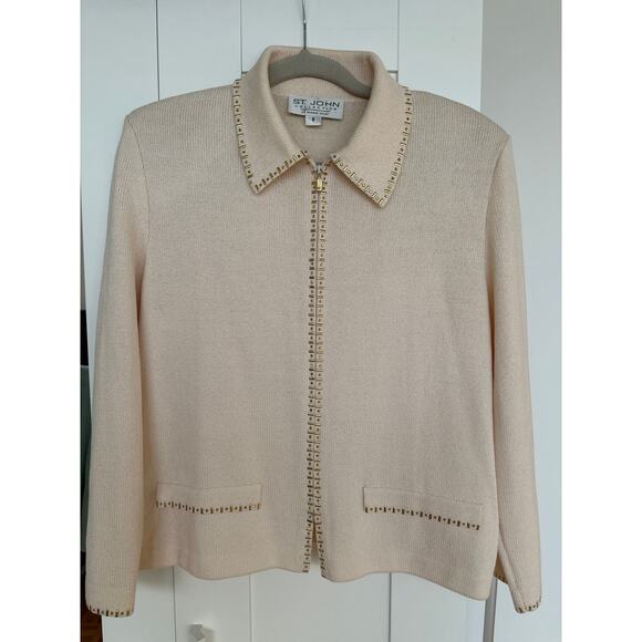 St. John Collection Gold Studded Detail Knit Zip Jacket Blazer, Size 8, Like New - Picture 1 of 9